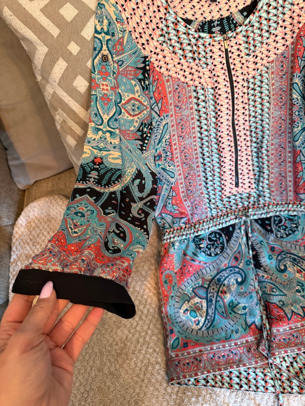 BCBG Max Azria Paisley Printed Romper in Turquoise, Coral & black - Picture 3 of 5